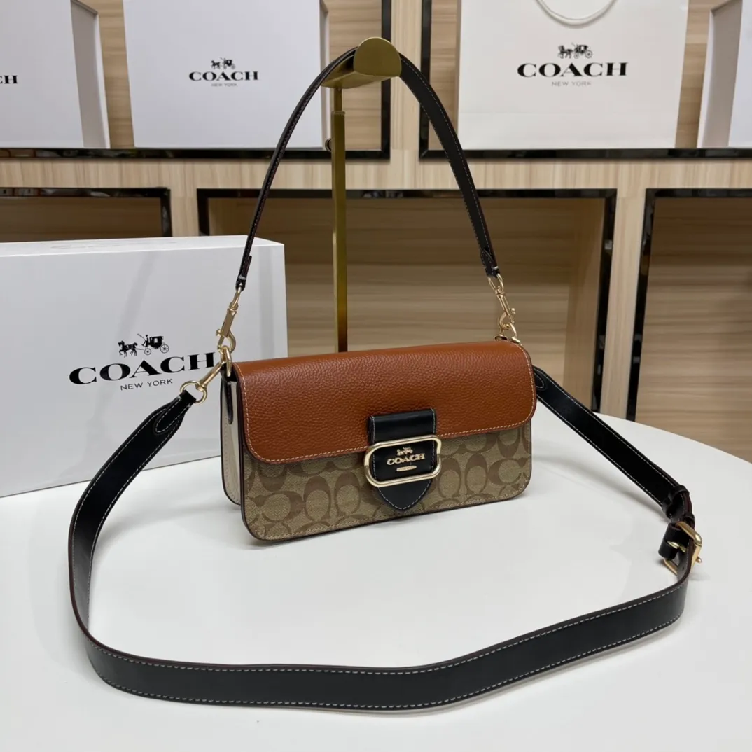 Top original order, batch 500💰COACH/model CE560 Coach Outlet women's bag color matching classic logo MORGAN shoulder bag underarm bag, hijab with first-layer cowhide, size 26X14X6