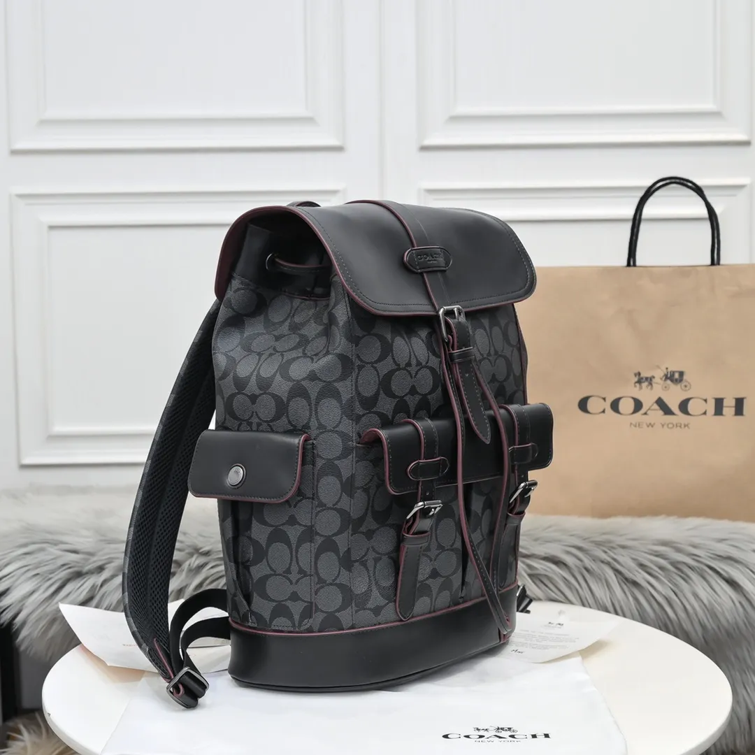 coach clamshell drawstring backpack travel mountaineering men's backpack F50044 multi-pocket design, simple and stylish appearance, can be used as a school bag, mountaineering bag, travel bag, huge capacity, super cool on the back, great texture, highly recommended, size: 32*42*14cm