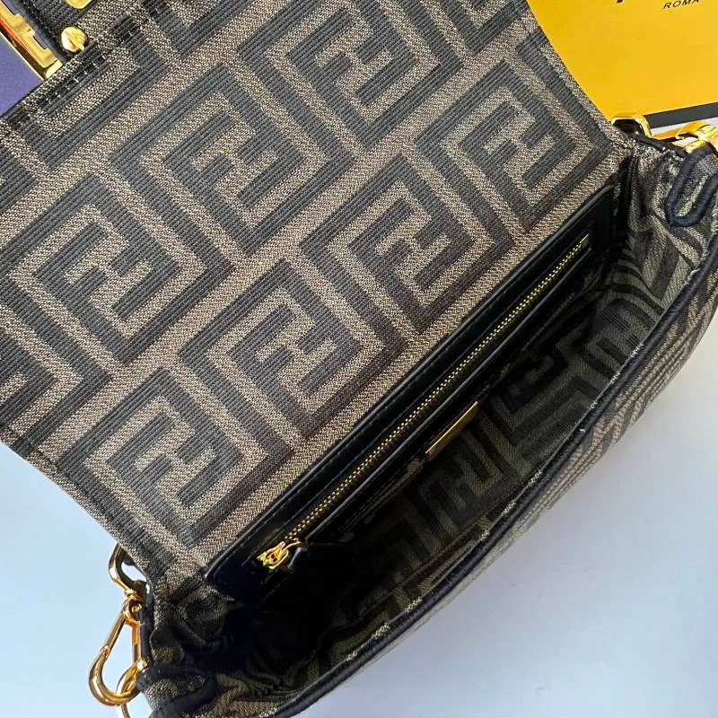 All Categories Official Website "Brand Women's Bags" Women's Bags 💙 FENDI The latest FendiVersace co-branded model, the iconic Baguette medium handbag adopts a clamshell design and is equipped with FF magnetic buckle closure. Lined interior with zip pocket. Comes with a detachable handle or shoulder strap for cross-body or hand carry. Decorated with tonal FF logo embroidery. Contrasting brown leather trim