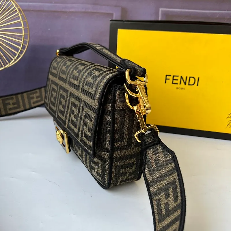All Categories Official Website "Brand Women's Bags" Women's Bags 💙 FENDI The latest FendiVersace co-branded model, the iconic Baguette medium handbag adopts a clamshell design and is equipped with FF magnetic buckle closure. Lined interior with zip pocket. Comes with a detachable handle or shoulder strap for cross-body or hand carry. Decorated with tonal FF logo embroidery. Contrasting brown leather trim