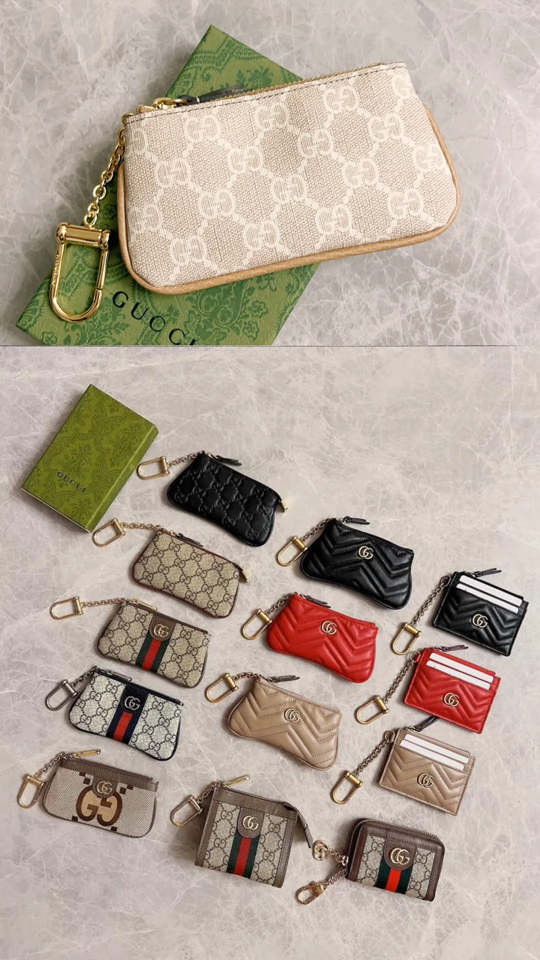 💰340 🇭🇺🇭🇺GG brand new small coin purse ~ lipstick bag 🪅🪅 Made of imported cowhide leather and PVC , 🪅🪅 with exquisite original factory double G hardware 🪅🪅, flexible and unique hook buckle, small and exquisite, great effect, model: 772321, color: khaki pvc, size: 12x7.5x1.5cm