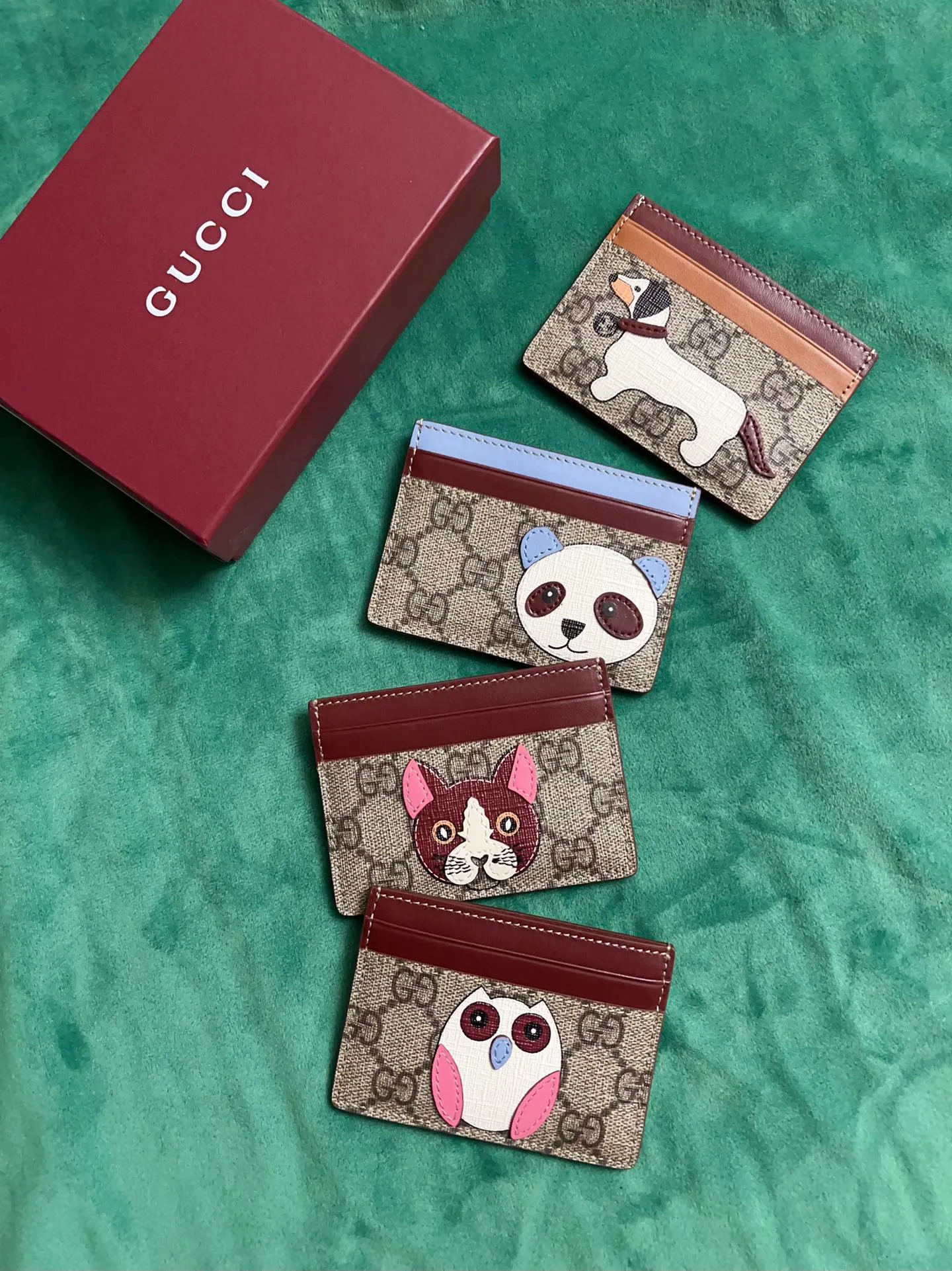 💰260 🇭🇺🇭🇺New product on official website! Exquisite small card holder PVC with burgundy calfskin, 🤡🤡cut and printed with cute and exquisite cartoon patterns! 🤡🤡Style number 818769, size: 11x7cm, 🤡🤡little red cat, puppy, panda, owl, exquisite and cute! Original product!