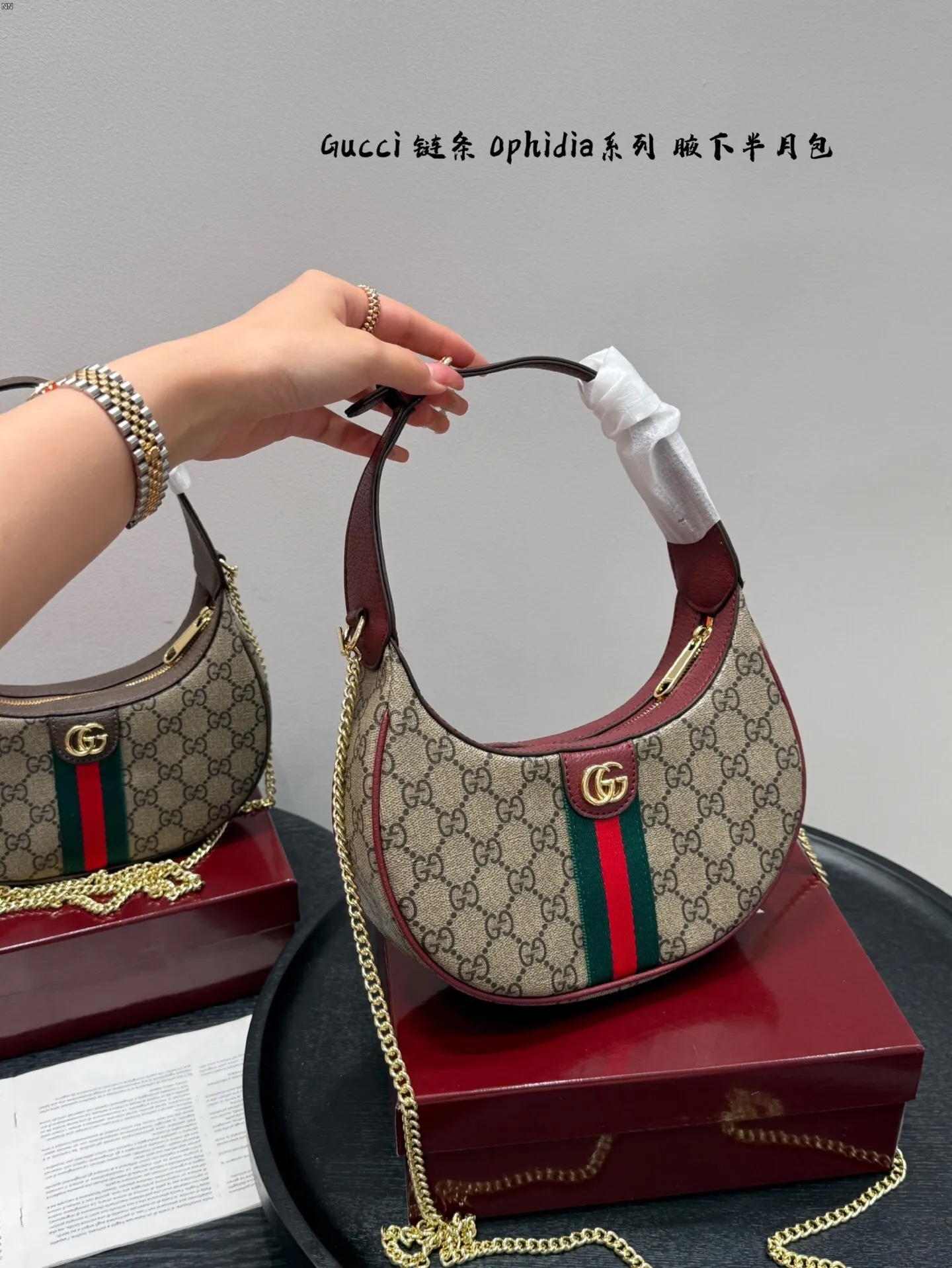All categories Official website "Brand Women's Bags" Women's Bags 💙 GUCCI 2025 new GUCCI ophidia chain half-moon armpit bag