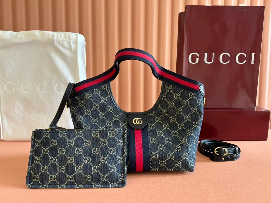 💋💋💋【New Style】Gucci Giglio series small tote bag, apricot brown, blue denim/blue leather/original leather is shipped, model: 860845, short combination video