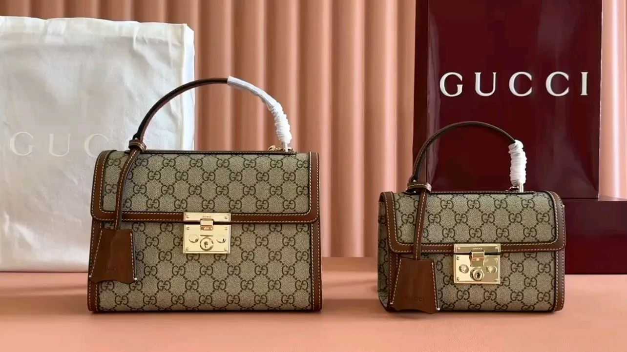 💋💋💋【New】GG Padlock series small, medium handbags, brown PVC/original leather are shipped, model: 838998, 838999, short combination video