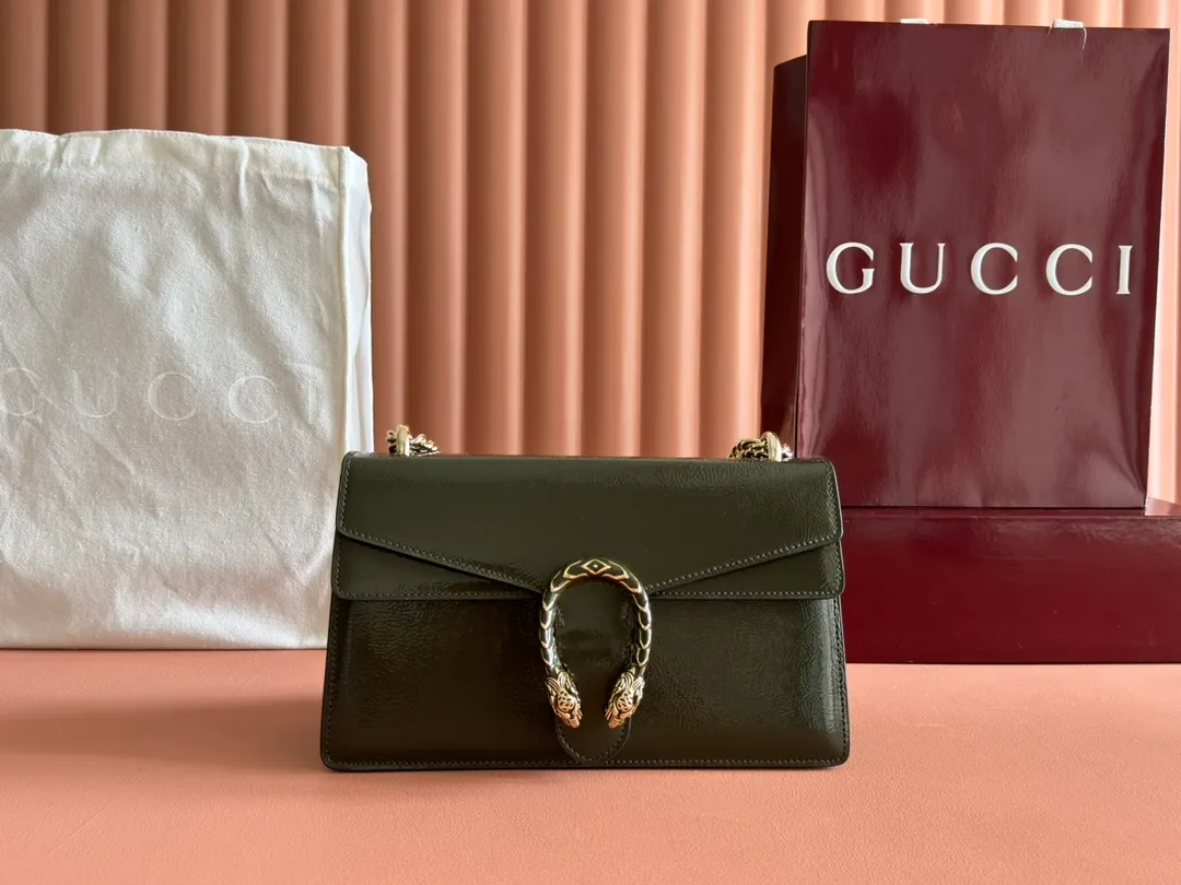 💋💋💋【New product】GG Dionysus series medium shoulder bag, forest green patent leather/original leather shipped, 28cm model: 795005, short video