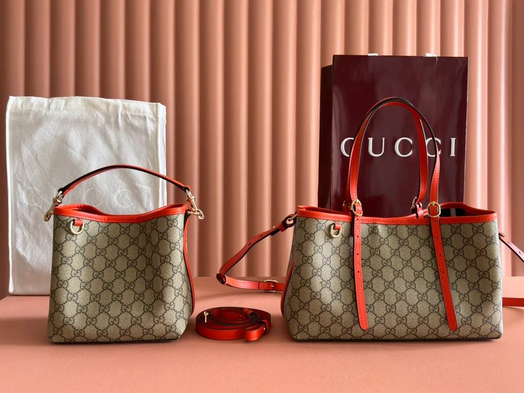 💋💋💋【New Product】👉 GG Emblem series mini shoulder bag, series of small and medium tote bags are shipped, brown orange/original leather is shipped, model: 815118, 815214, 815213. Combination short video