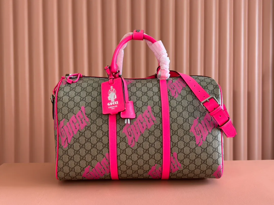 💋💋💋[New Product] GG printed medium travel bag, emerald green screen-printed brown/PVC original leather has been shipped, 🐴Model: 834962, short video