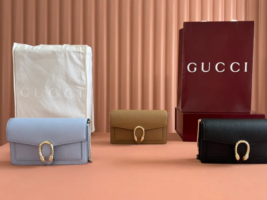 💋💋💋【New Product】GG Dionysus series chain wallet, black, khaki, light blue/original leather shipped, 🐲20cm model: 837373, short combination video