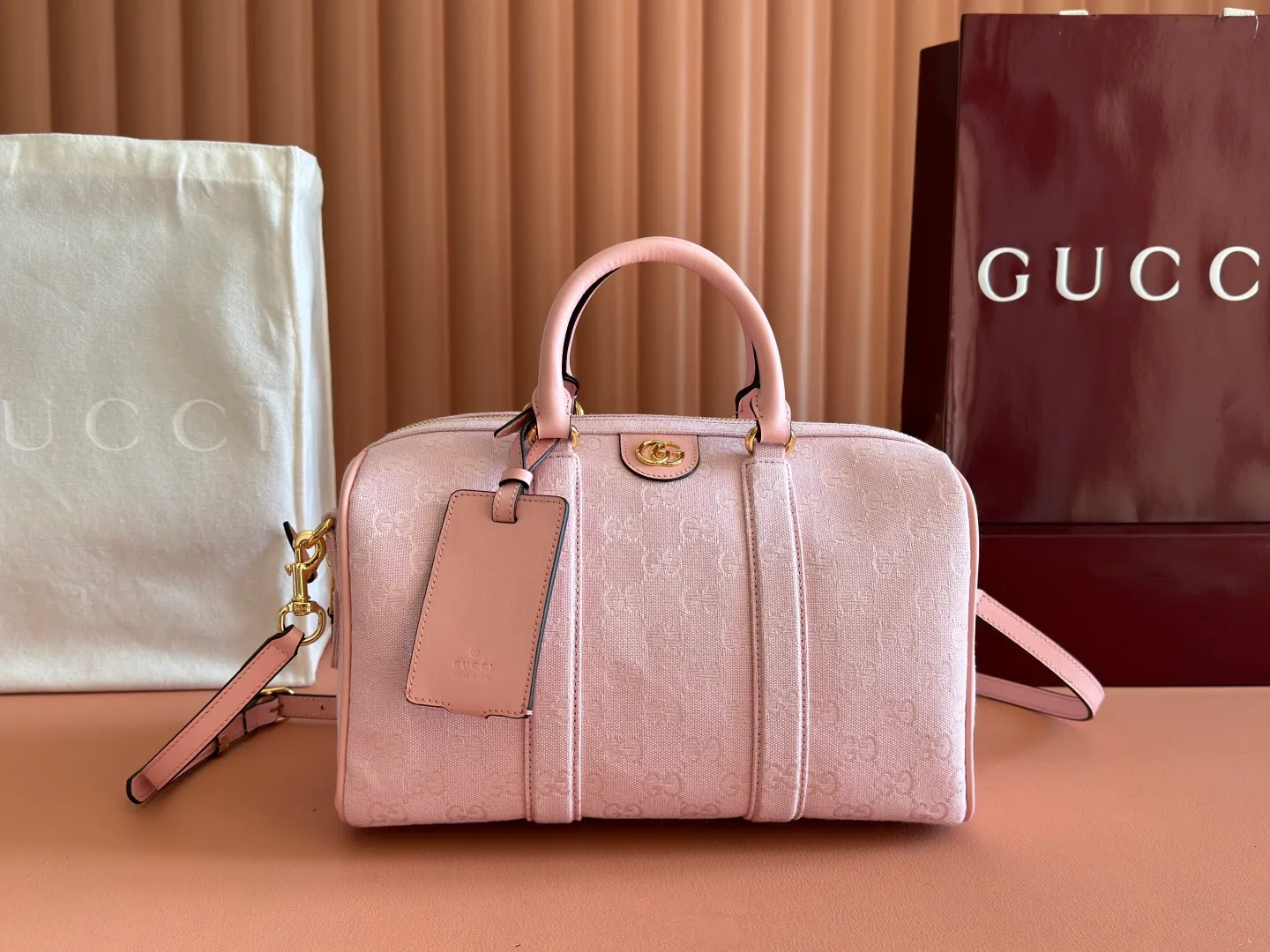 💋💋💋【Original configuration counter complete package】🔥GG Ophidia series pillow bag model: 857595. Color: Pink/Canvas.