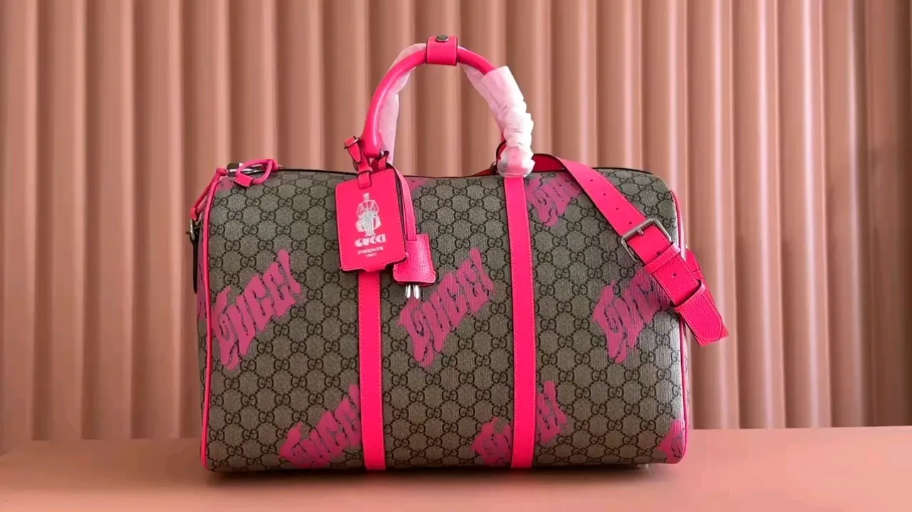 💋💋💋[New Product] GG printed medium travel bag, rose red silk screen printed brown/PVC original leather has been shipped, 🐴Model: 834962, short video