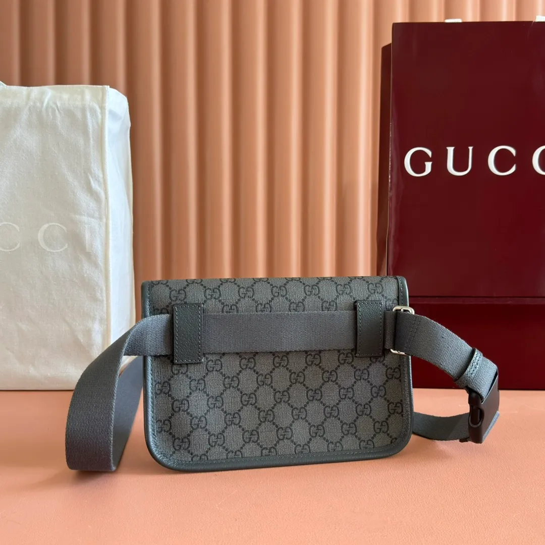 p640. 📣📣📣【Original leather accessories🌈 Equipped with full counter packaging】🔥🔥 Ophidia series GG small waist bag. The Ophidia series combines the traditional essence of Gucci with modern design to present dazzling new works with ingenuity. This men's belt bag cleverly combines Double G hardware and GG Supreme canvas, a new interpretation of the classic material in gray and black. The waist strap is adjustable to create a variety of carrying options. Gray and black GG Supreme canvas, gray leather trim, palladium tone hardware, cotton and linen lining Double G, belt length adjustable from 52 to 81 cm, flap with magnetic snap closure, weight: approx. 0.37 kg. Model: 752597. Dimensions: 23.9 (W) x 17 (H) x 3.6cm (D) Color: Gray/PVC. Made in Italy