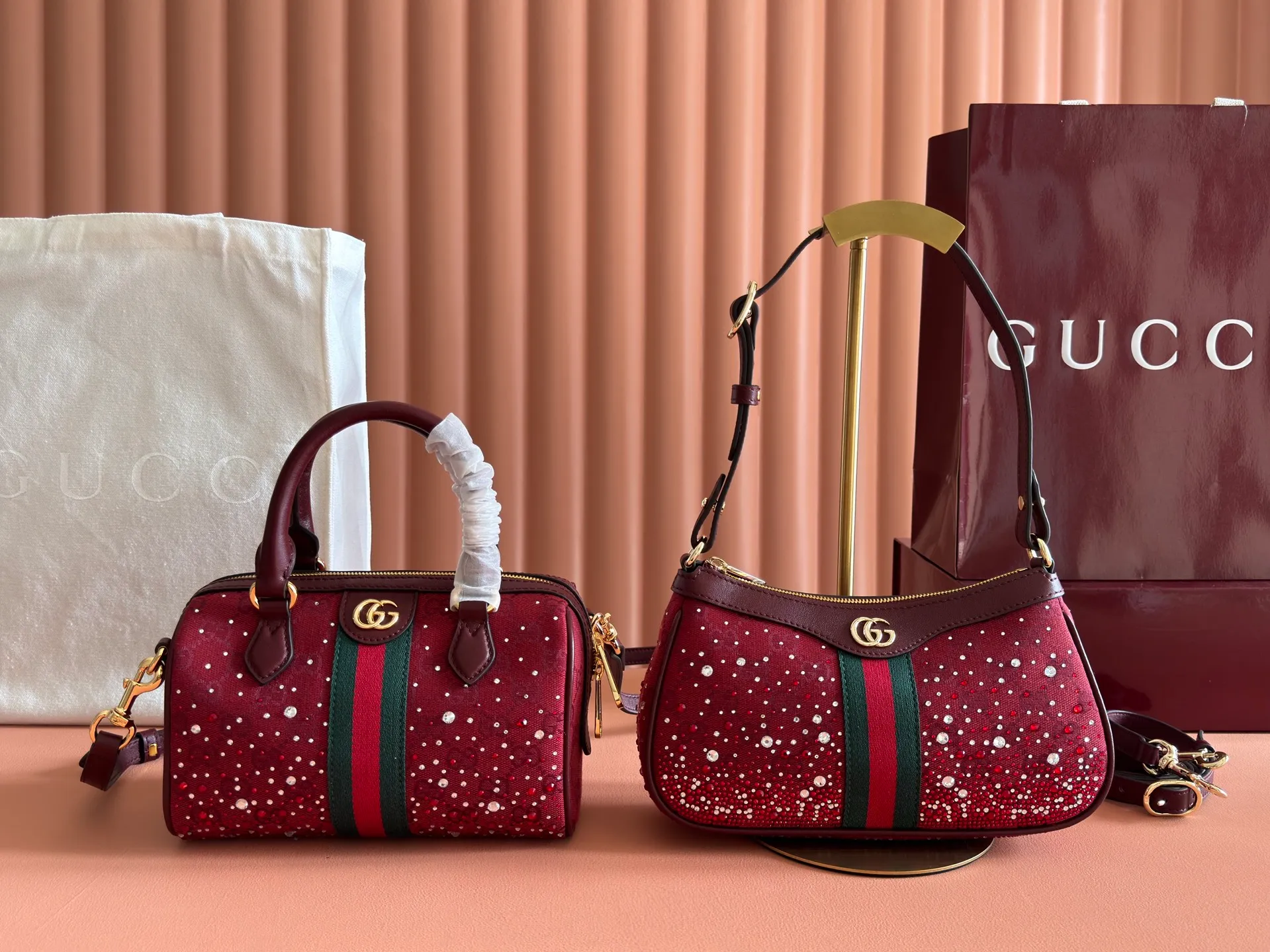 💋💋💋【Original configuration counter complete package】GG Ophidia series Ankara red crystal crossbody bag Model: 841341. 841294