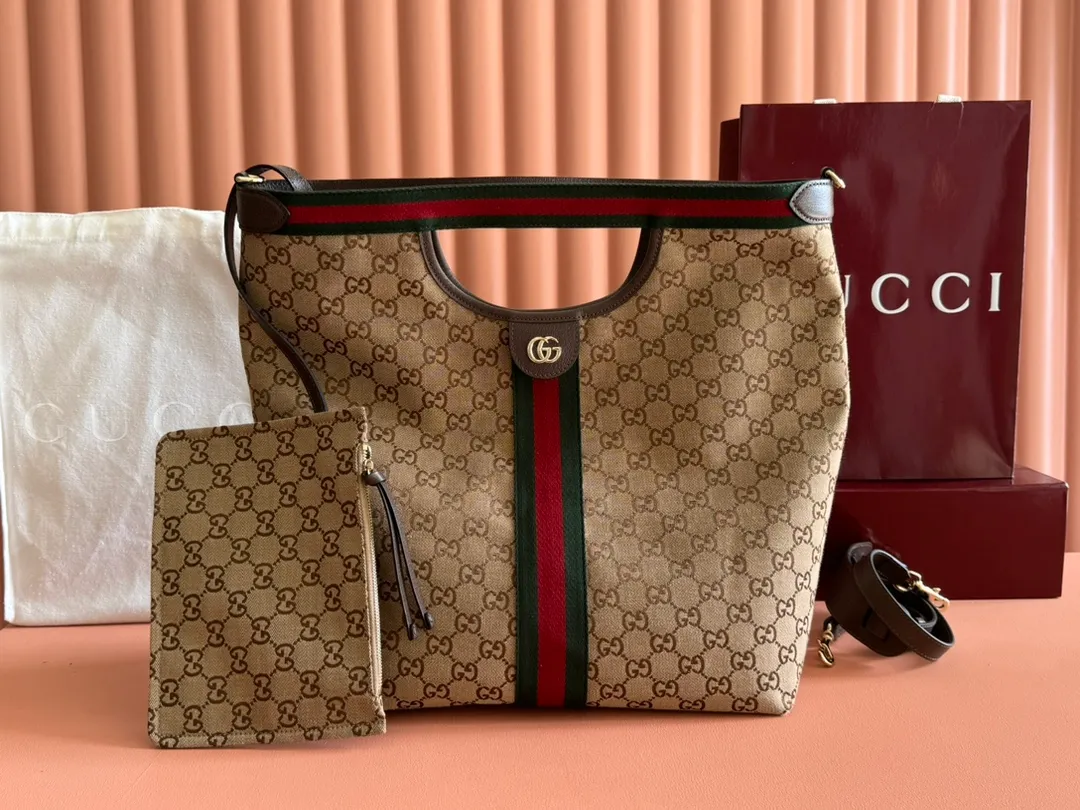 💋💋💋【New Style】Gucci Giglio series small tote bag, apricot brown, blue denim/blue leather/original leather is shipped, model: 865452, short combination video