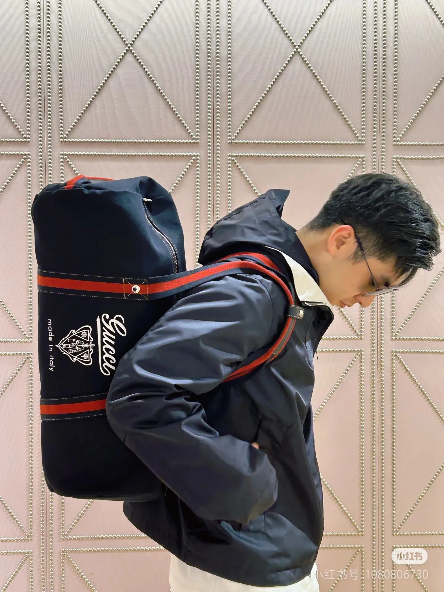 💋💋💋New GG series large printed canvas travel bag, off-white, dark blue/original leather shipped! 🐴54cm model: 816866. Combination short video