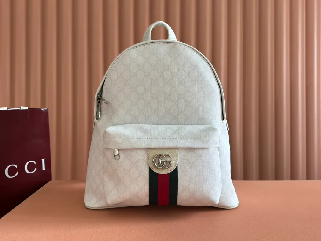 💋💋💋[New product] GG printed medium backpack, white/PVC original leather shipped, 🐴Model: 834466, short video