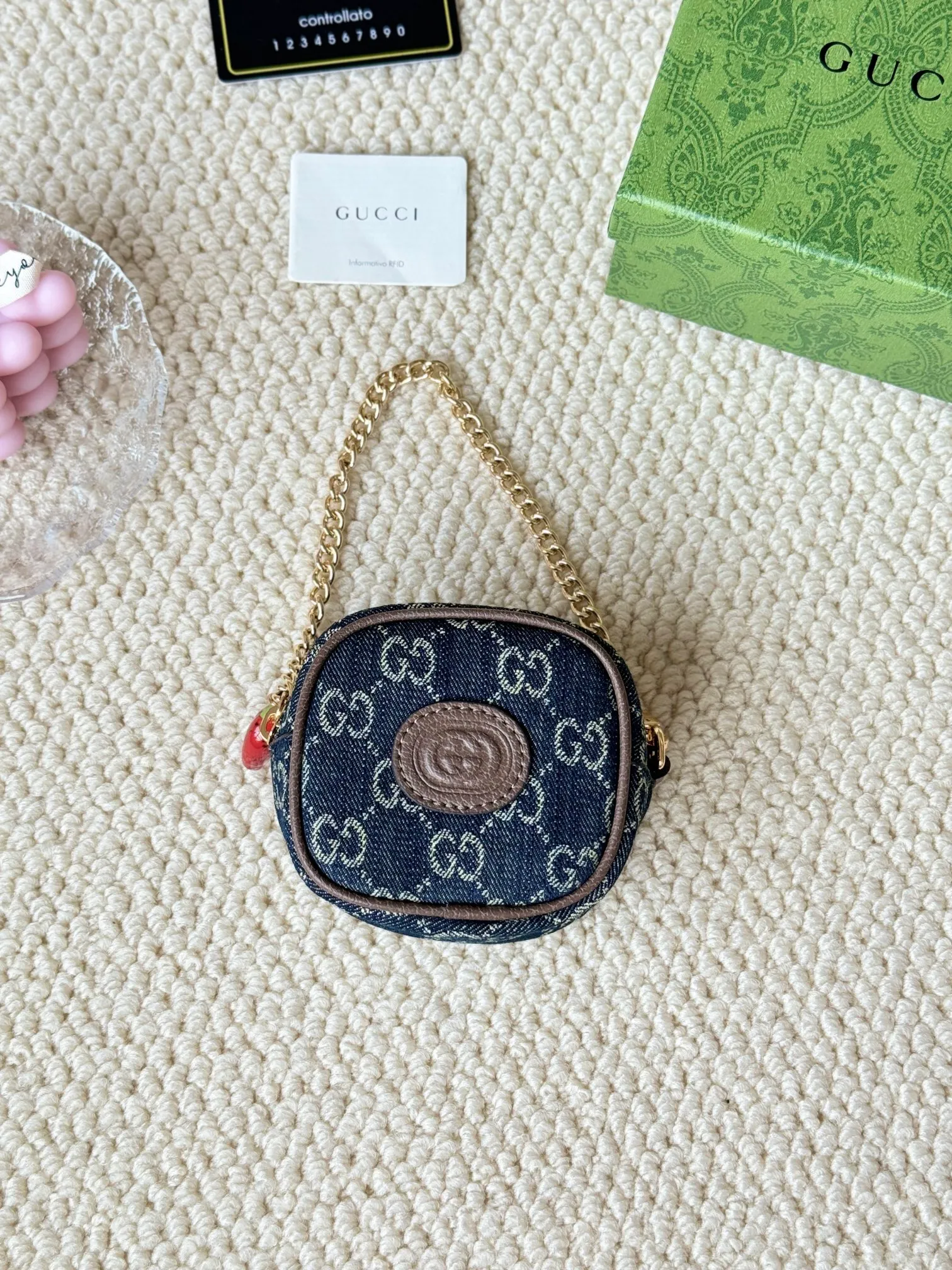 💰180 GUCCI/Gucci new women's beige/ebony canvas strawberry zipper coin purse