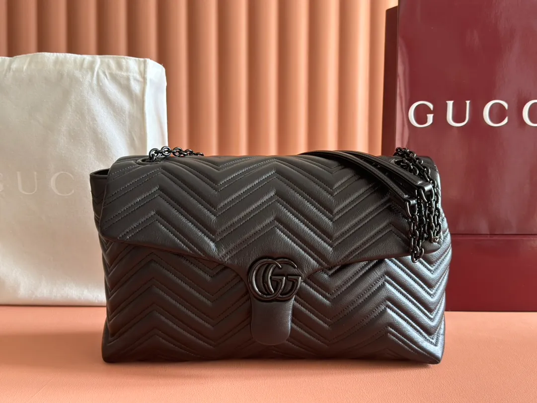 💋💋💋【New】GG Marmont series medium and large shoulder bags, black soft leather/original leather are shipped, 🐍Model: 850676, 850659, short combination video