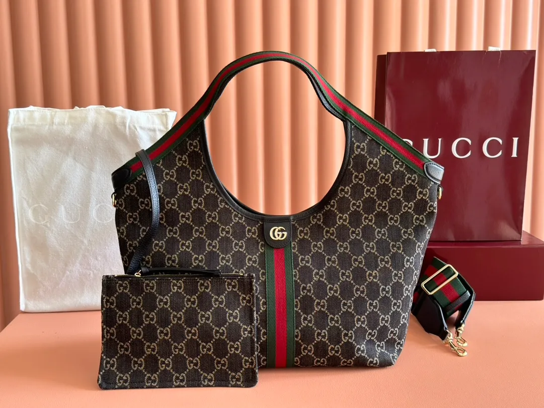 💋💋💋【New】Gucci Giglio series small tote bag, apricot brown, blue denim/blue leather/original leather is shipped, model: 853972, short combination video