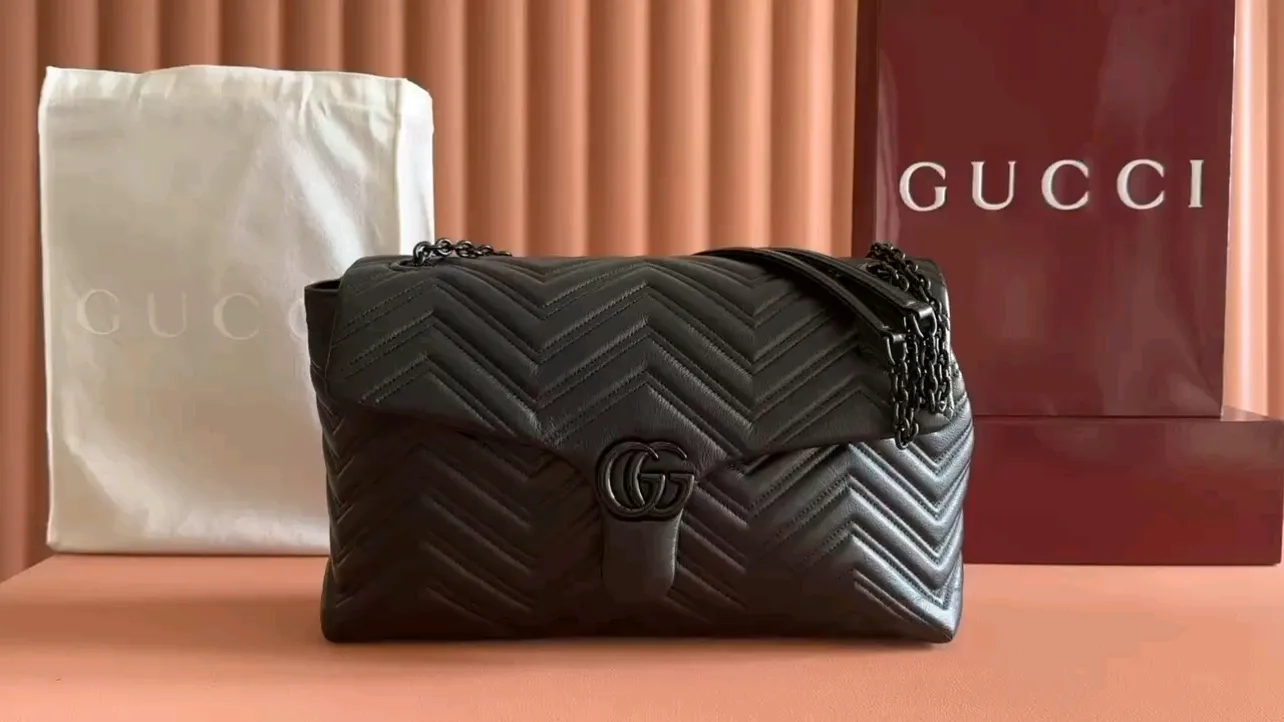 💋💋💋【New】GG Marmont series medium and large shoulder bags, black soft leather/original leather are shipped, 🐍Model: 850676, 850659, short combination video