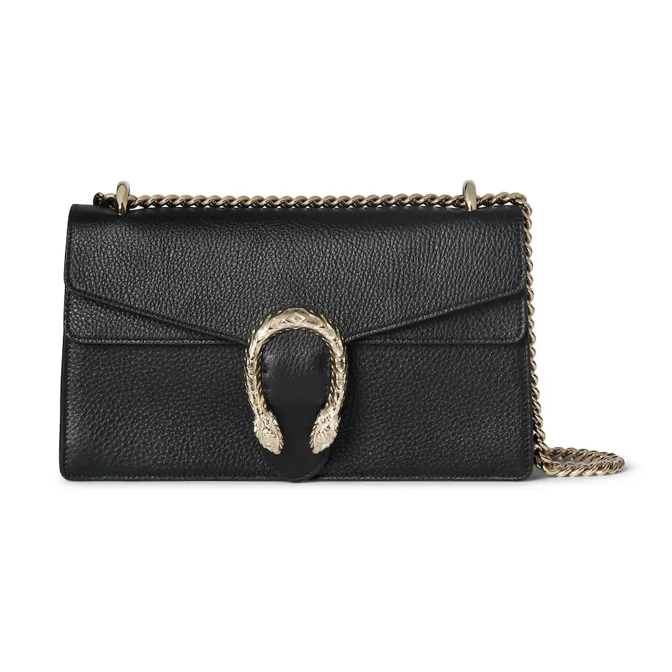 This piece is crafted from black leather, with double tiger head locks and a flip design. The length can be adjusted freely by sliding the chain to create different styles. Black leather Light gold-tone hardware Black microfiber lining Pin buckle, side opening Double tiger head lock closure Internal zip compartment Flap pocket Double baffles Sliding chain strap can be adjusted to a shoulder strap with a height of 43 cm, or a top handle with a height of 24 cm. Weight: about 0.8 kg Model: 795005. Dimensions: 28cm (width) x 16cm (height) x 10.5cm (depth) Color: Black Full leather: Original leather. Made in Italy