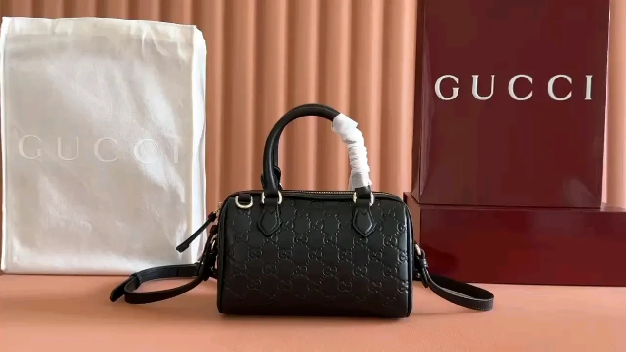 💋💋💋【New】GG Emblem series small, medium Boston bag, black embossed/original leather shipped, 🐍Model: 848889, 848886, short combination video