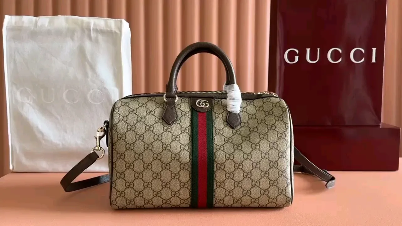 💋💋💋【New】GG Ophidia series small Boston bag, brown brown, brown ancola red/original leather has been shipped, 🐴Model: 841294, 836824, 836825 combination short video