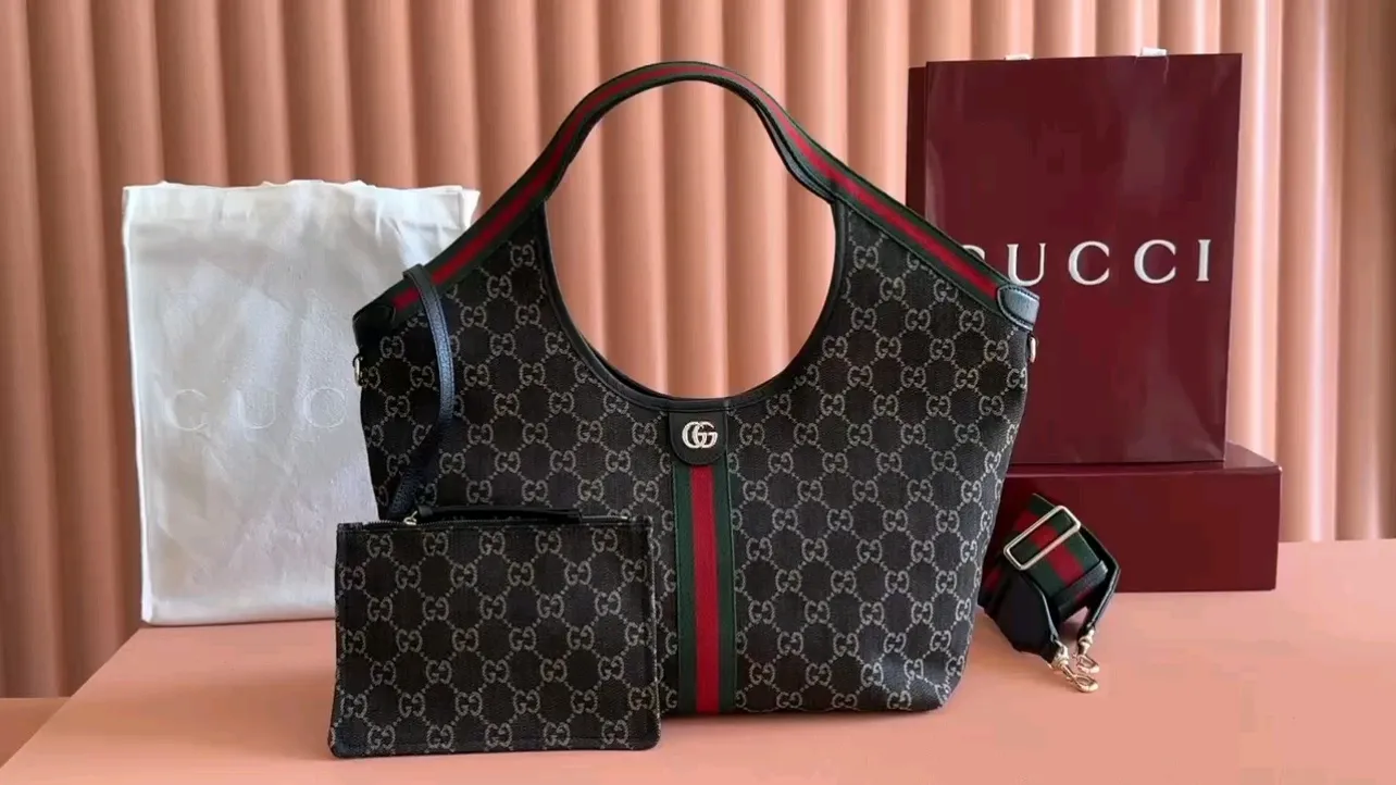 💋💋💋【New】Gucci Giglio series small tote bag, apricot brown, blue denim/blue leather/original leather is shipped, model: 853972, short combination video
