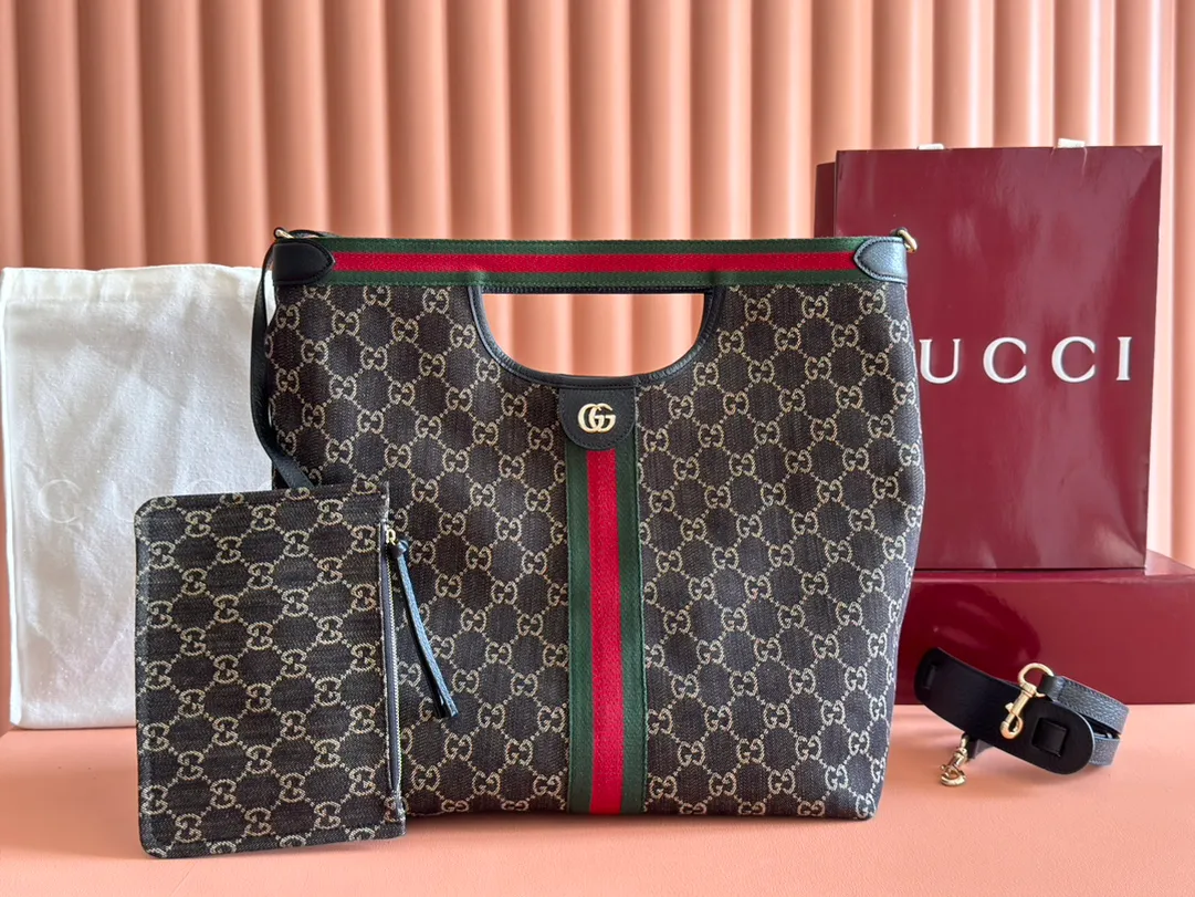 💋💋💋【New Style】Gucci Giglio series small tote bag, apricot brown, blue denim/blue leather/original leather is shipped, model: 865452, short combination video