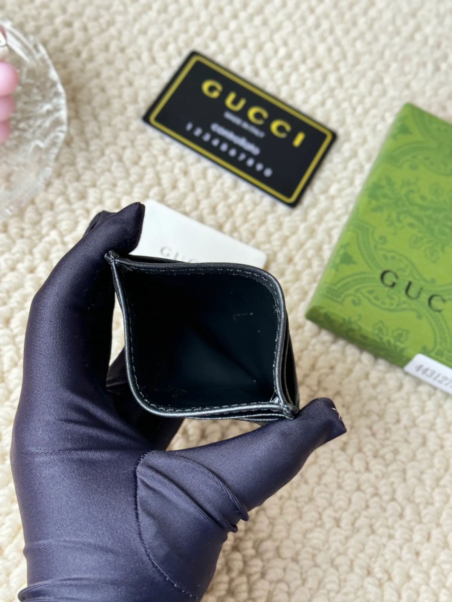 💰100 gucci cowhide mini card holder, real photo! Double G wave pattern small card holder, retro gold metal accessories, model number 443127, humanoid pattern, size: 10x7