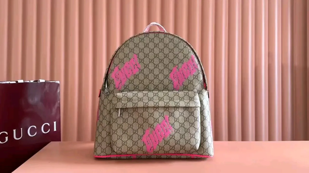 💋💋💋[New product] GG printed medium backpack, rose red silk screen brown/PVC original leather shipped, 🐴Model: 834466, short video