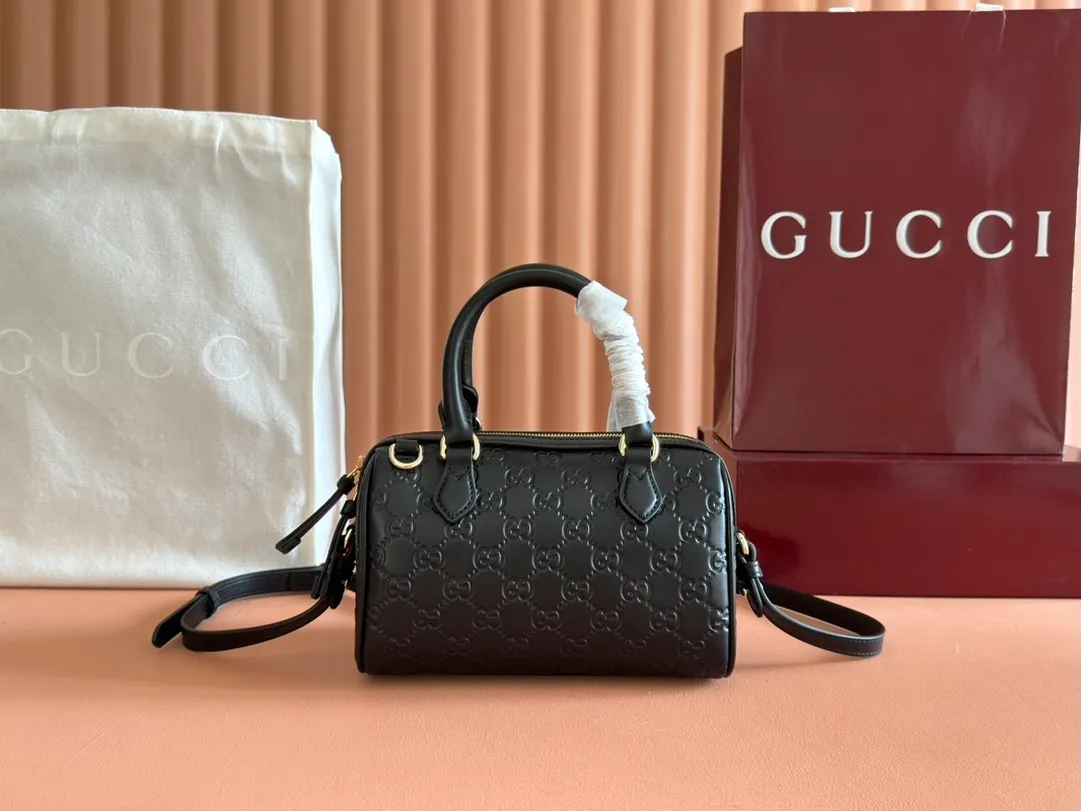 💋💋💋【New】GG Emblem series small, medium Boston bag, black embossed/original leather shipped, 🐍Model: 848889, 848886, short combination video
