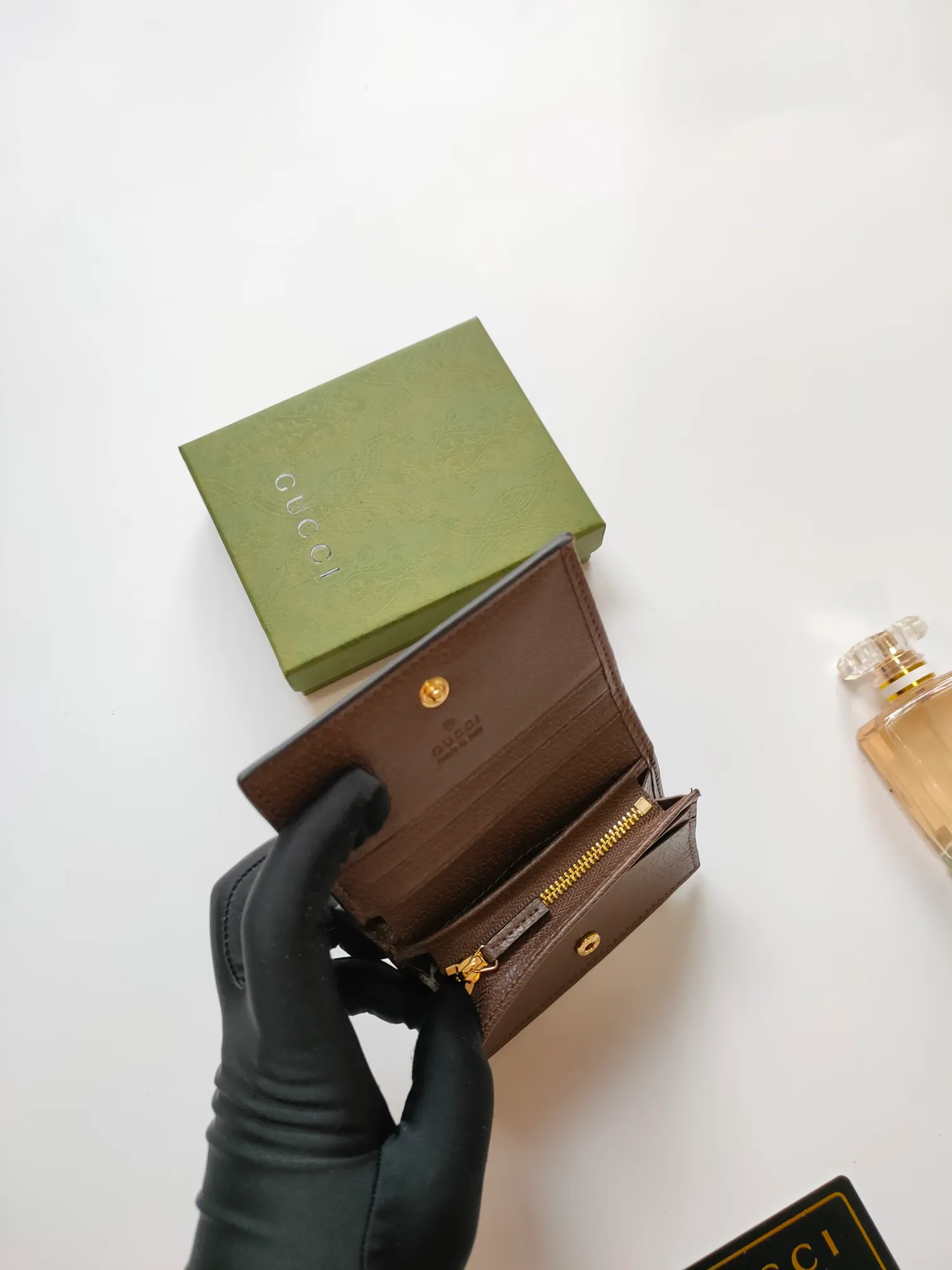 💰140 No.: 523155 gucci·leather original leather 🇮🇹，‼ ‼ Made of imported grained cow leather, paired with ebony double G fabric, gold hardware, official unique identity code👍👍counter quality, real photos📷, size 11cm*8.5cm*2.5cm💸💸💸