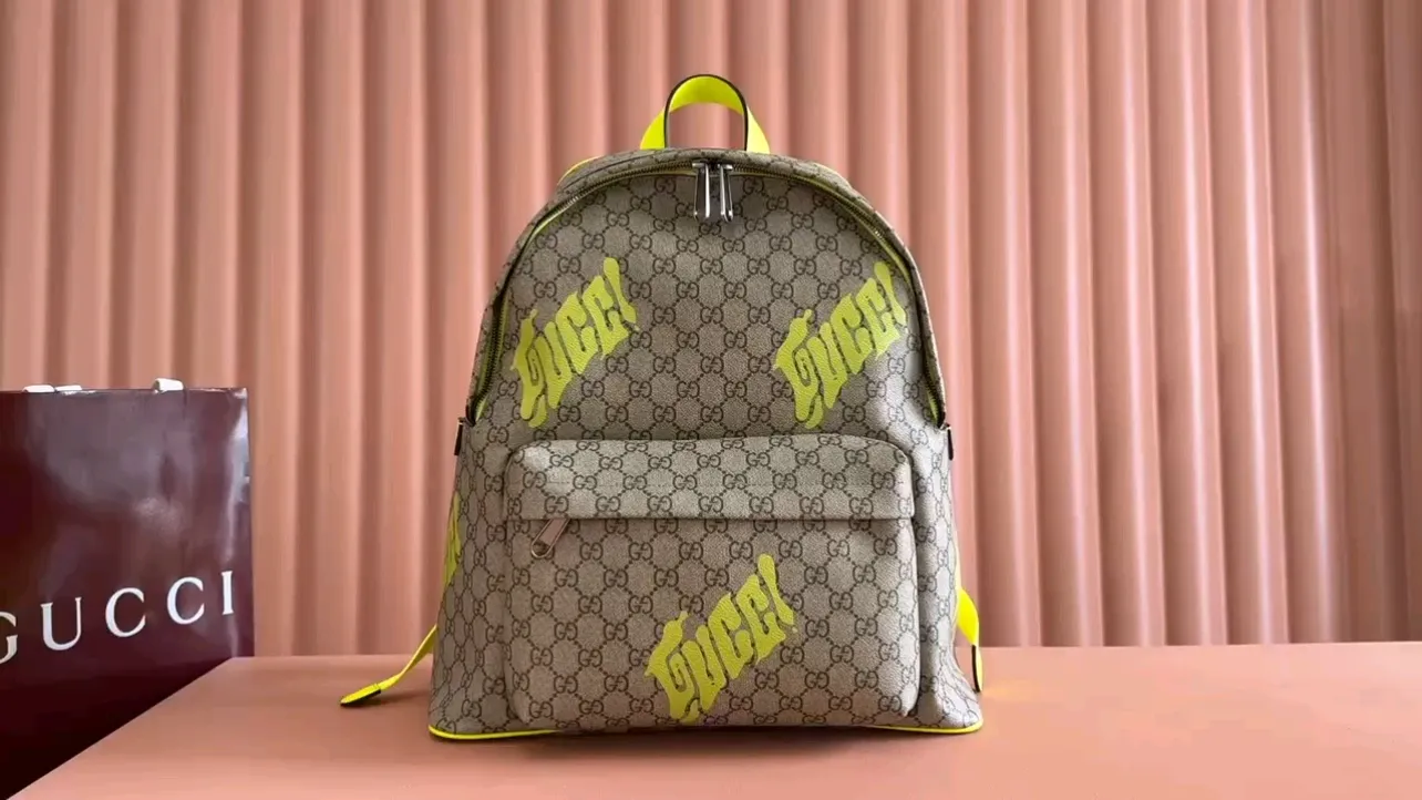 💋💋💋[New product] GG printed medium backpack, emerald green silk screen brown/PVC original leather shipped, 🐴Model: 834466, short video