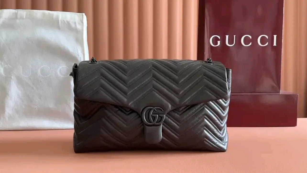 💋💋💋【New】GG Marmont series medium and large shoulder bags, black soft leather/original leather are shipped, 🐍Model: 850676, 850659, short combination video