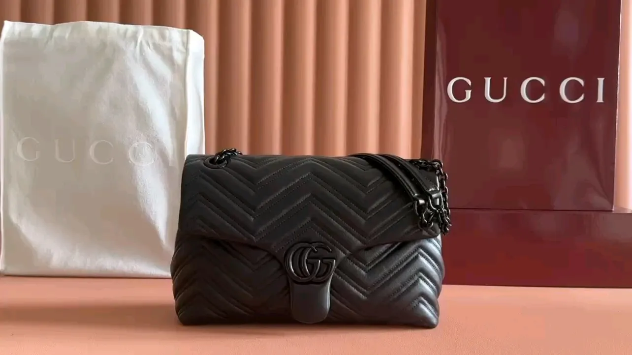 💋💋💋【New】GG Marmont series medium and large shoulder bags, black soft leather/original leather are shipped, 🐍Model: 850676, 850659, short combination video