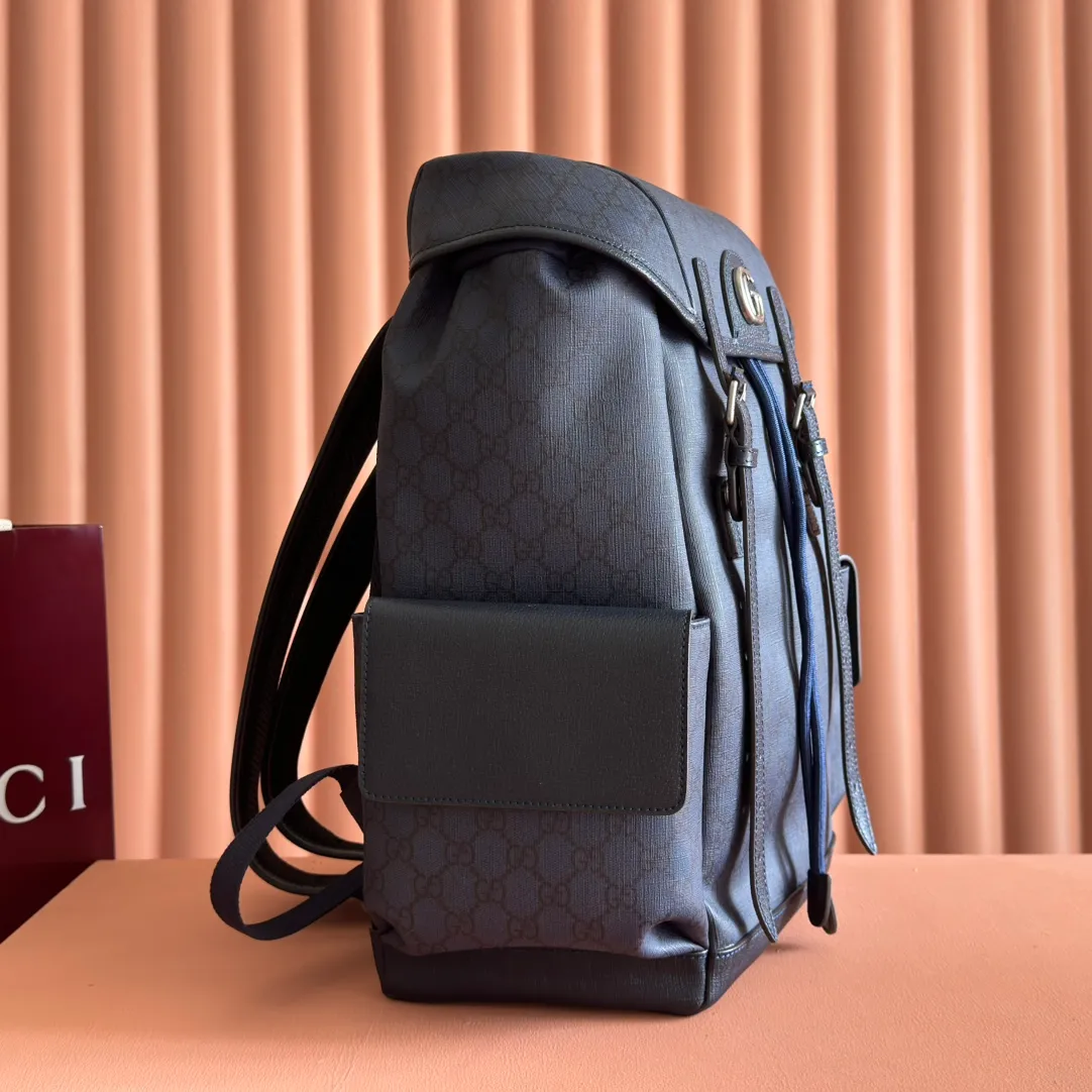 p1280. 🔥🔥🔥【With full set of original green gift bag】Ophidia series medium GG backpack. The 2024 early spring series renews the Ophidia series shoulder bags, tote bags and handbags in black GG denim, and the silver-toned accessories present a contrasting metallic texture. This Ophidia backpack in blue and black GG Supreme canvas demonstrates Gucci's design prowess in infusing the brand's iconic design elements with a modern appeal. Blue and black GG Supreme canvas, black leather piping, palladium tone hardware, cotton and linen blend lining, black mesh Double G on the back, flap side pockets with magnetic closure, inner phone pocket and padded tablet sleeve, adjustable shoulder strap, black mesh back, drawstring flap design, leather buckle fastening strap and extra magnetic buckle for easy opening and closing, weight: approx. 1.272 kg. Model: 598140. Dimensions: 40(length) x 24(width) x 16cm(thickness) Color: blue/pvc. Made in Italy