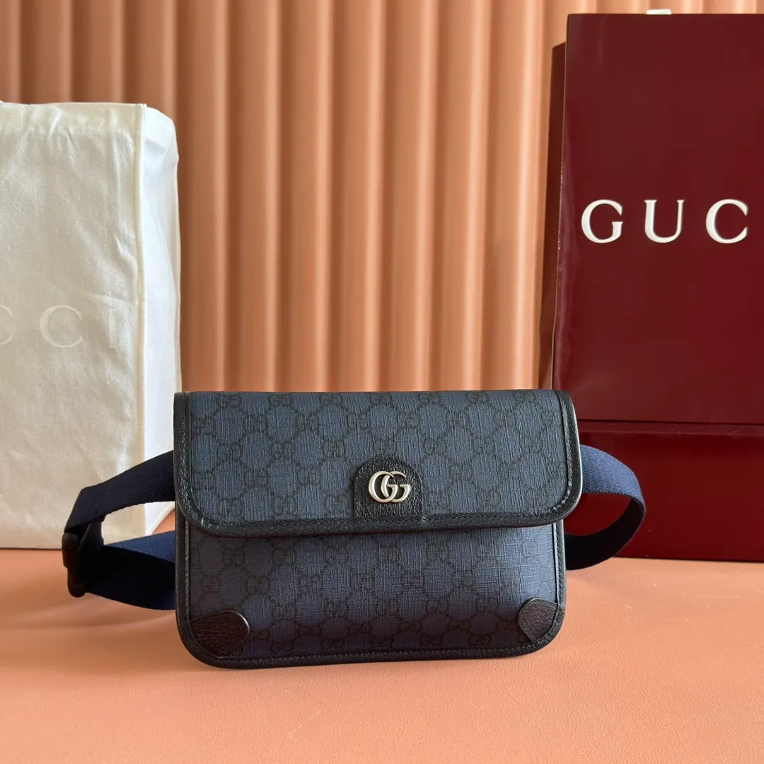 p640. 📣📣📣【Original leather accessories🌈 Equipped with full counter packaging】🔥🔥 Ophidia series GG small waist bag. The Ophidia series combines the traditional essence of Gucci with modern design to present dazzling new works with ingenuity. This men's belt bag cleverly combines Double G hardware and GG Supreme canvas, a new interpretation of the classic material in gray and black. The waist strap is adjustable to create a variety of carrying options. Gray and black GG Supreme canvas, gray leather trim, palladium tone hardware, cotton and linen lining Double G, belt length adjustable from 52 to 81 cm, flap with magnetic snap closure, weight: approx. 0.37 kg. Model: 752597. Dimensions: 23.9(width) x 17(h) x 3.6cm(d) Color: blue/pvc. Made in Italy