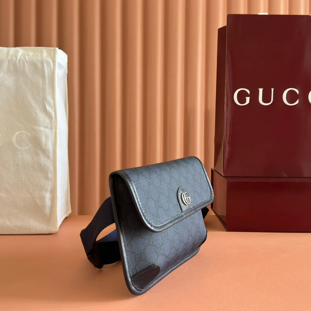 p640. 📣📣📣【Original leather accessories🌈 Equipped with full counter packaging】🔥🔥 Ophidia series GG small waist bag. The Ophidia series combines the traditional essence of Gucci with modern design to present dazzling new works with ingenuity. This men's belt bag cleverly combines Double G hardware and GG Supreme canvas, a new interpretation of the classic material in gray and black. The waist strap is adjustable to create a variety of carrying options. Gray and black GG Supreme canvas, gray leather trim, palladium tone hardware, cotton and linen lining Double G, belt length adjustable from 52 to 81 cm, flap with magnetic snap closure, weight: approx. 0.37 kg. Model: 752597. Dimensions: 23.9(width) x 17(h) x 3.6cm(d) Color: blue/pvc. Made in Italy