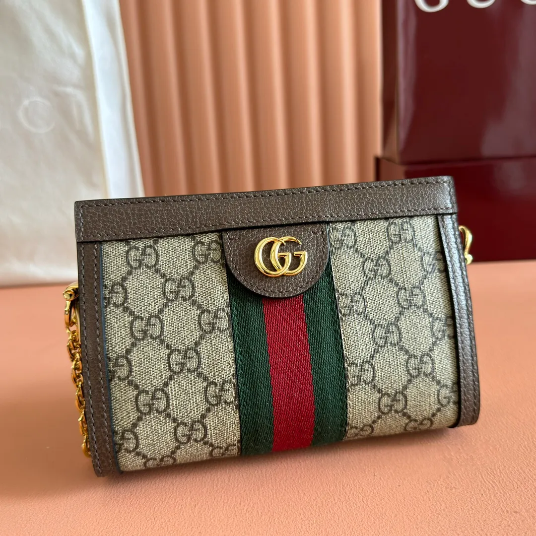 p960. 📣📣📣【Original leather accessories🌈(equipped with full counter packaging)🔥🔥Mini size‼‼🆕G Home Ophidia Series Equipped with intarsia web stripe details, it highlights the retro-style design. It has a very structured shape, securely closed with magnetic buckles, leather piping, and decorated with archive details - Double G accessories. Model: 602676 Color: brown leather/PVC, size: 19*14*6cm.