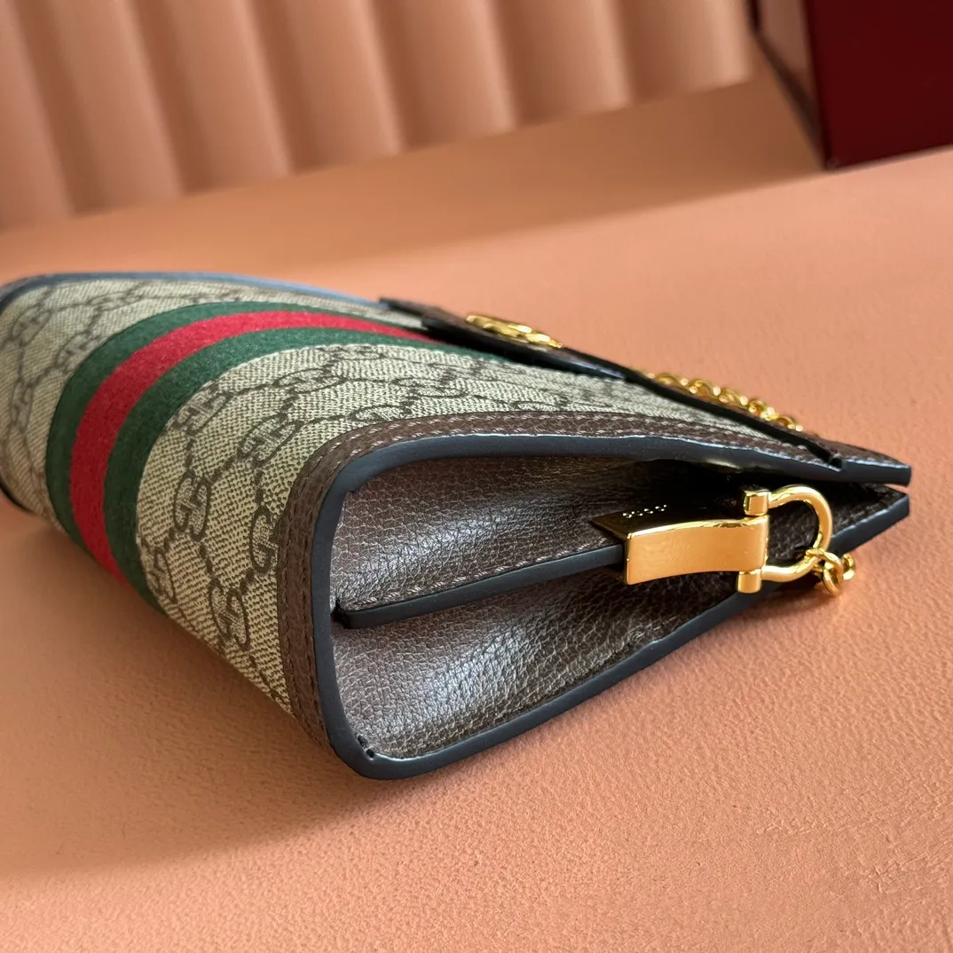p960. 📣📣📣【Original leather accessories🌈(equipped with full counter packaging)🔥🔥Mini size‼‼🆕G Home Ophidia Series Equipped with intarsia web stripe details, it highlights the retro-style design. It has a very structured shape, securely closed with magnetic buckles, leather piping, and decorated with archive details - Double G accessories. Model: 602676 Color: brown leather/PVC, size: 19*14*6cm.