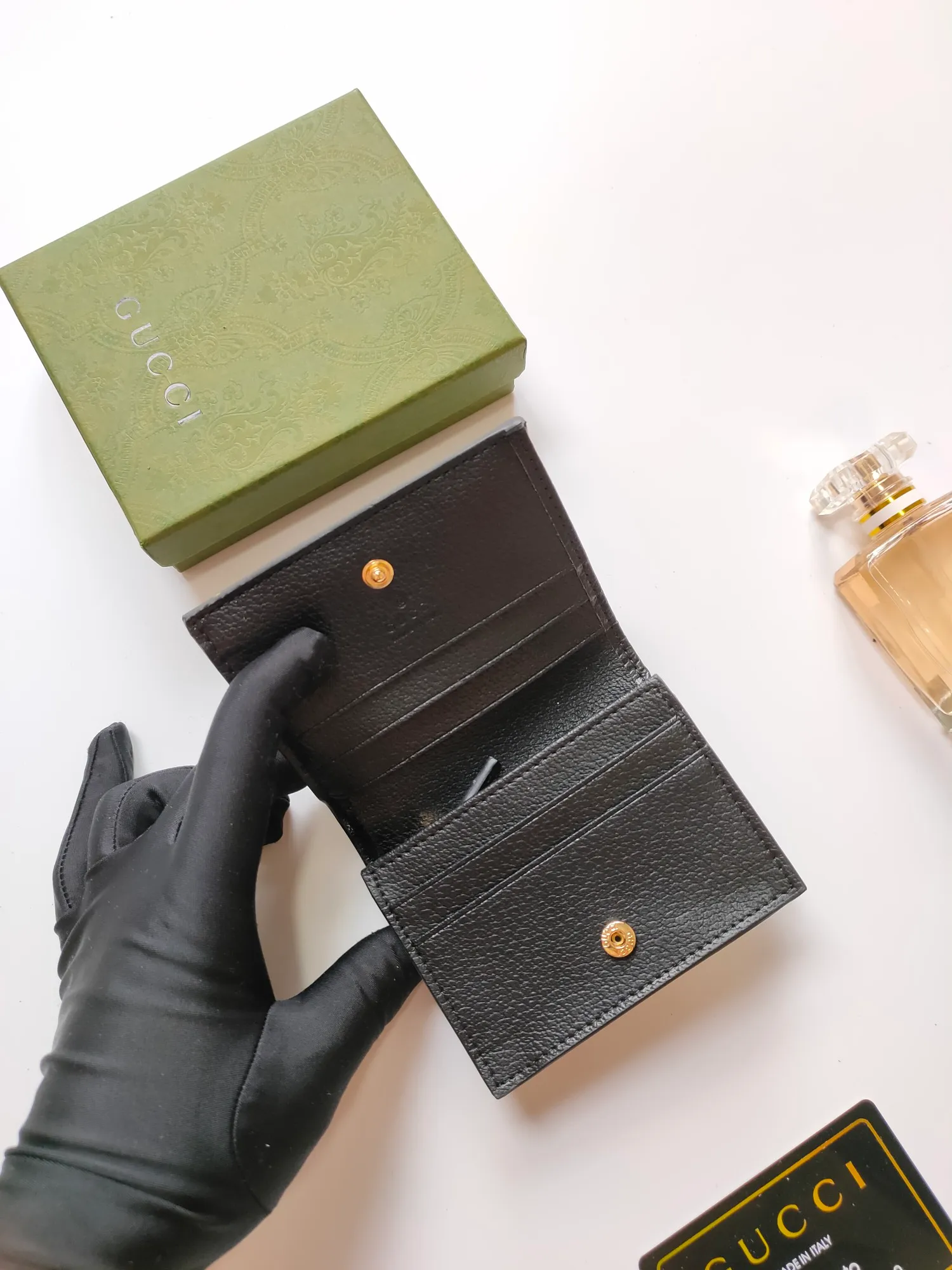 💰140 No.: 523155 gucci·leather original leather 🇮🇹，‼ ‼ Made of imported grained cow leather, paired with ebony double G fabric, gold hardware, official unique identity code👍👍counter quality, real photos📷, size 11cm*8.5cm*2.5cm💸💸💸
