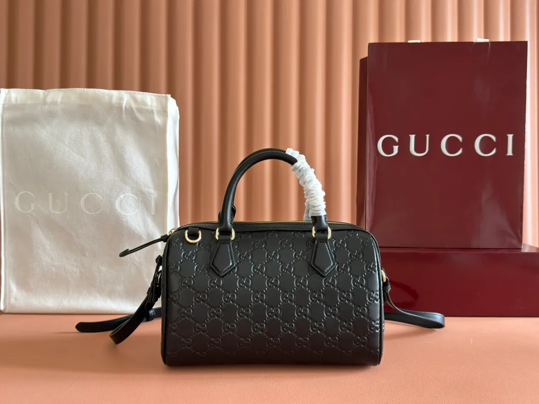 💋💋💋【New】GG Emblem series small, medium Boston bag, black embossed/original leather shipped, 🐍Model: 848889, 848886, short combination video