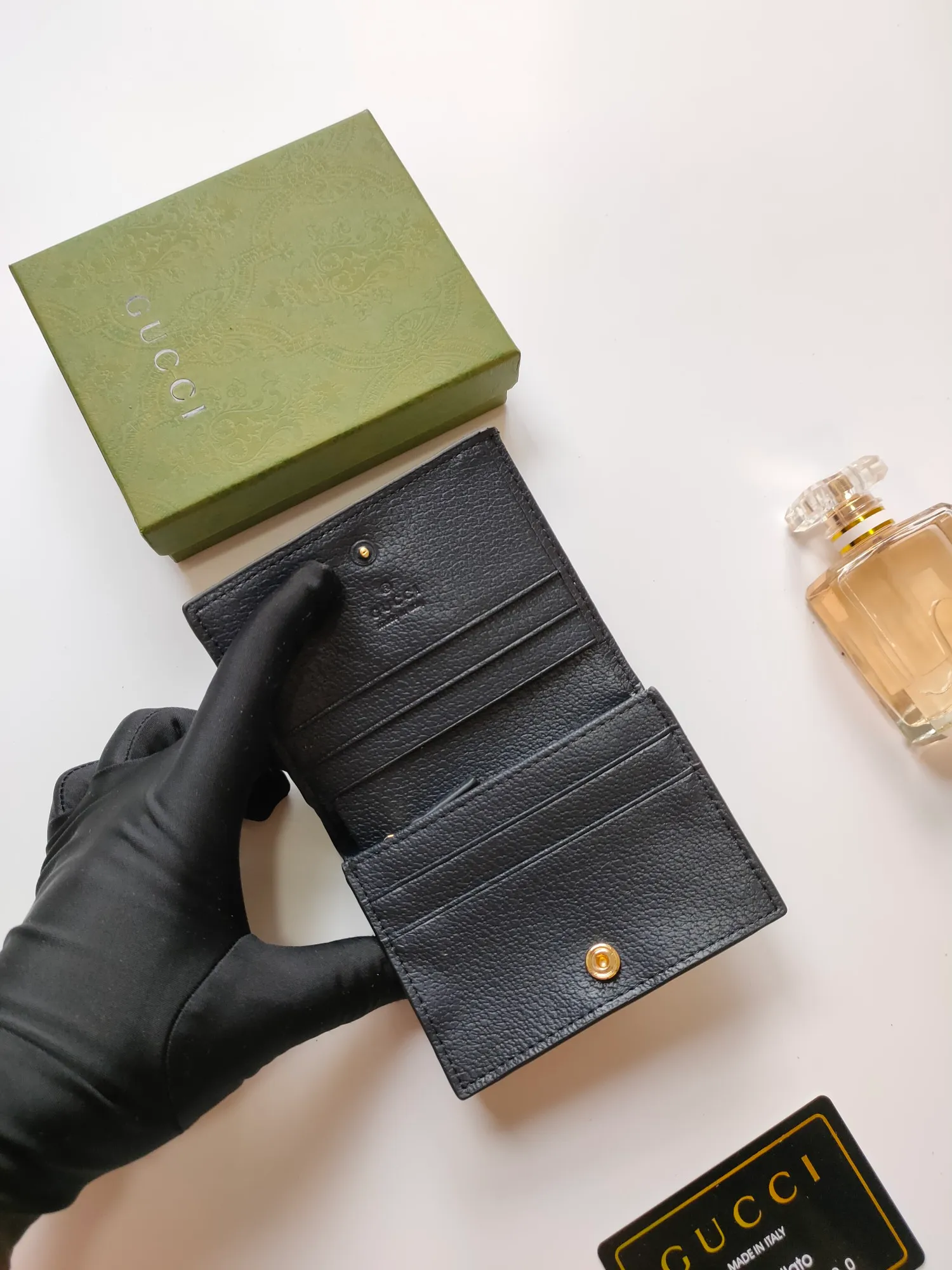 💰140 No.: 523155 gucci·leather original leather 🇮🇹，‼ ‼ Made of imported grained cow leather, paired with ebony double G fabric, gold hardware, official unique identity code👍👍counter quality, real photos📷, size 11cm*8.5cm*2.5cm💸💸💸