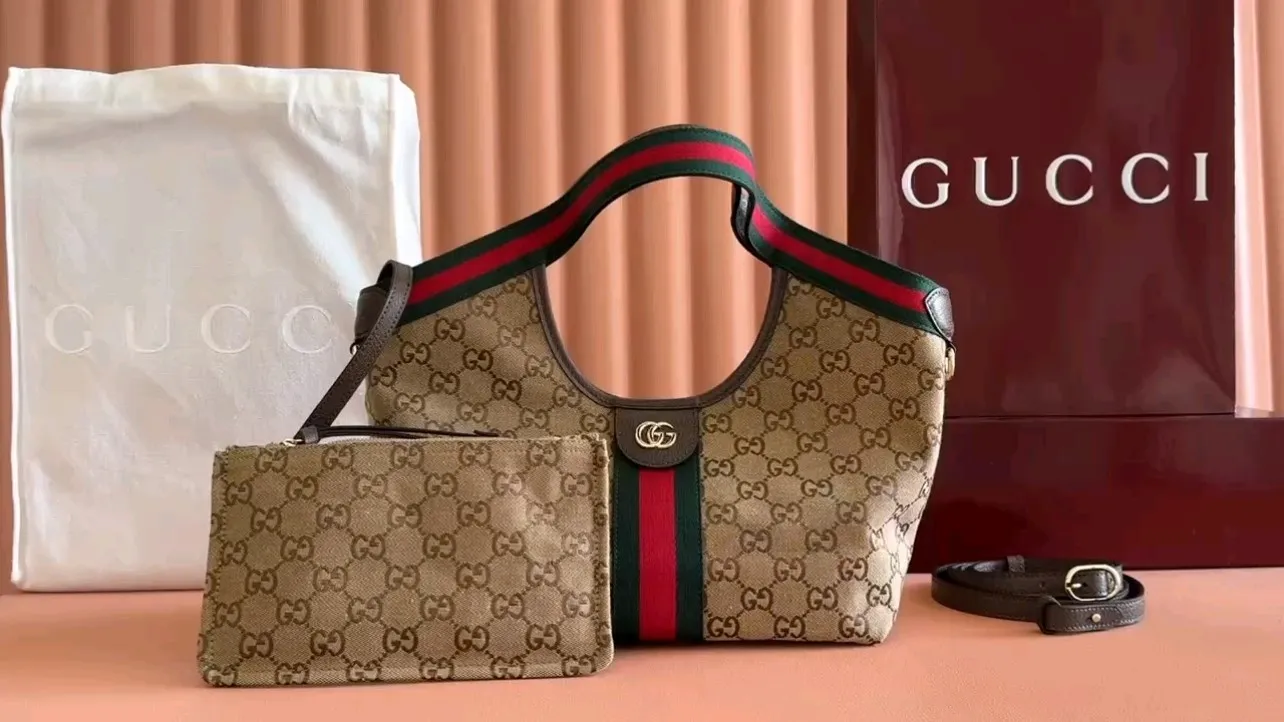 💋💋💋【New Style】Gucci Giglio series small tote bag, apricot brown, blue denim/blue leather/original leather is shipped, model: 860845, short combination video