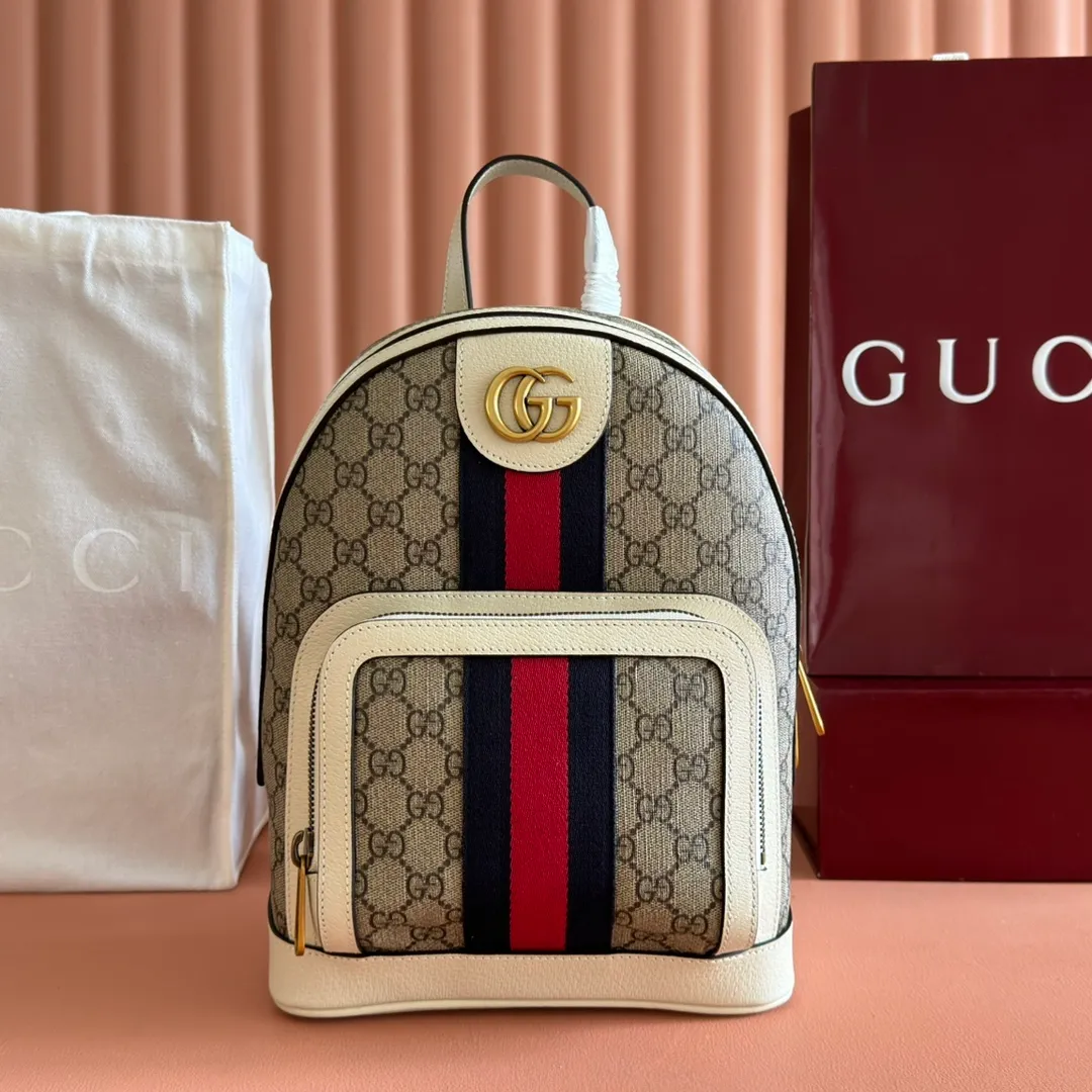 p1100. 📣📣📣【Original leather accessories🌈Full set of counter configurations】Ophidia family ~ The backpack is made of classic GG fabric with cowhide, inlaid with red and blue webbing, the wide bronze GG pattern shoulder straps are very eye-catching, and the back is made of breathable mesh technology fabric, all elements are brought into full play! The size and capacity of the bag are perfect, and it can be used with any outfit or travel. Style number: 547965, size: 22*29*15