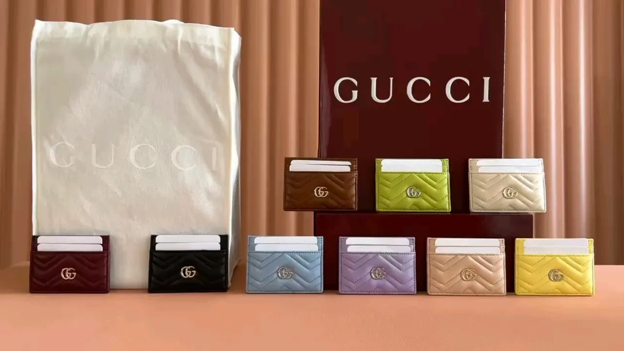 💋💋💋【New Product】GG Marmont series card holder, nine colors/original leather. Model: 443127. Combination short video