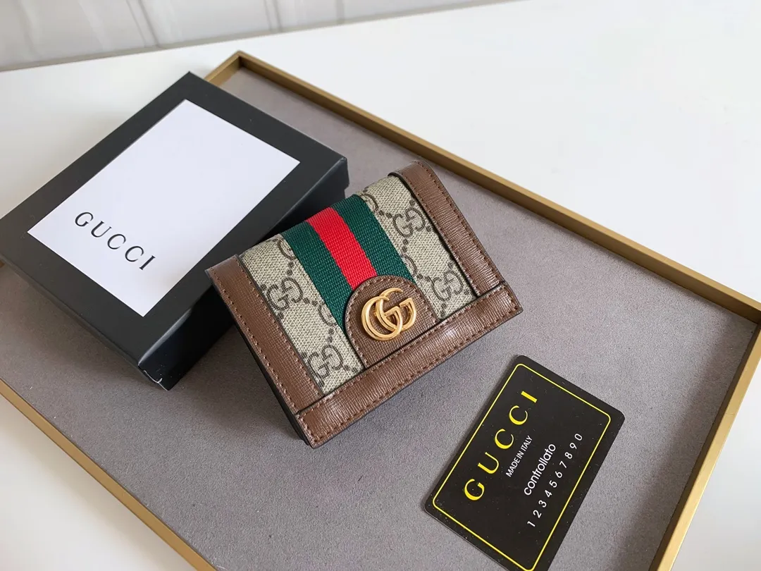 💰150 Top Original 💎gucci·leather ‼ ‼ Made of imported original leather, grained cow leather, paired with ebony double G fabric, and gold hardware accessories. Model: 523155 Brown Size 11cm*8.5cm*2.5cm