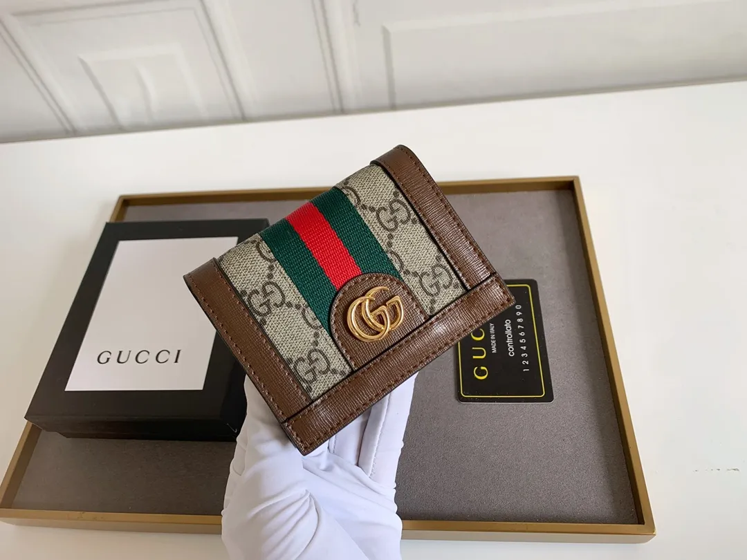 💰150 Top Original 💎gucci·leather ‼ ‼ Made of imported original leather, grained cow leather, paired with ebony double G fabric, and gold hardware accessories. Model: 523155 Brown Size 11cm*8.5cm*2.5cm
