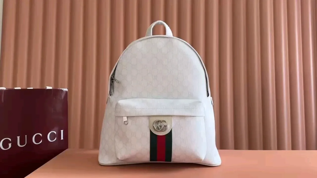 💋💋💋[New product] GG printed medium backpack, white/PVC original leather shipped, 🐴Model: 834466, short video